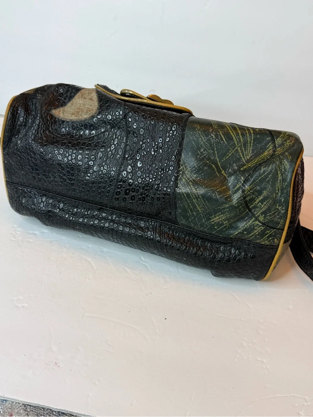 Vintage Artisan Abstract Patchwork Shoulder Bag in Green and Gold